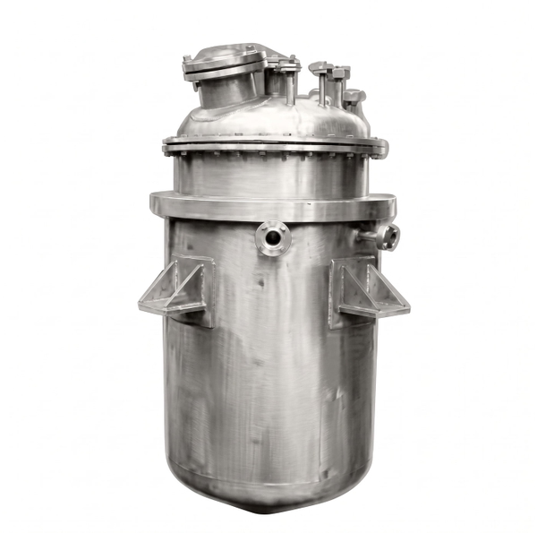 Stainless steel pressure vessel with a bolted flange and side brackets, on a white background — upscaled by Nano Banana 2