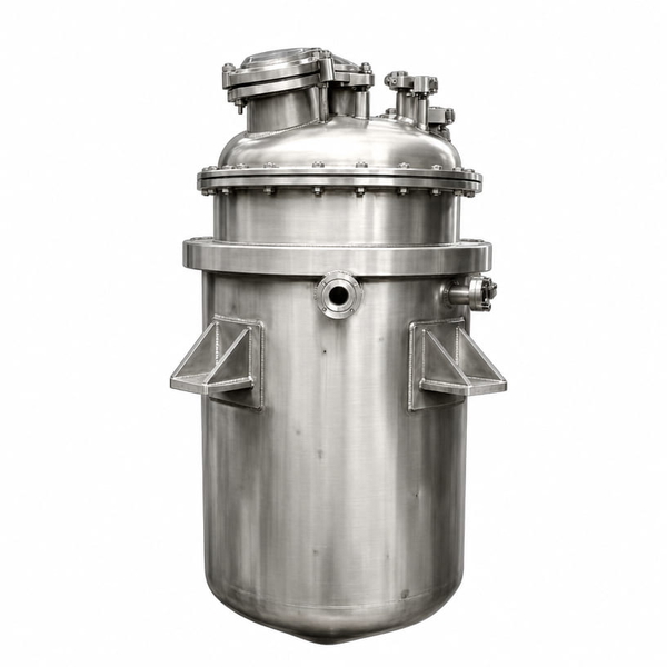 Stainless steel pressure vessel with a bolted flange and side brackets, on a white background — upscaled by GPT Image 2.5