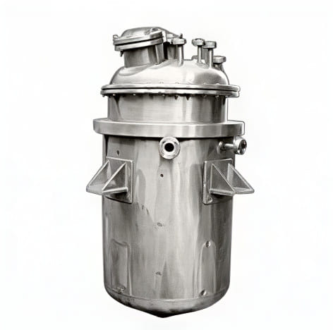 Stainless steel pressure vessel with a bolted flange and side brackets, on a white background — upscaled by GoStudio Pro