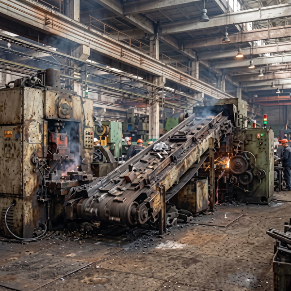 Interior of a factory floor with overhead gantries and machinery under skylights — upscaled by GoStudio Advanced