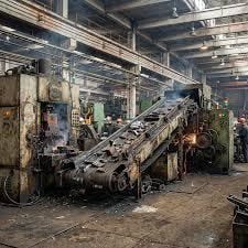 Interior of a factory floor with overhead gantries and machinery under skylights