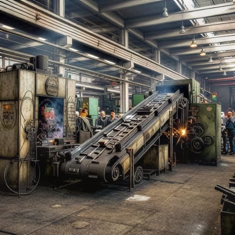 Interior of a factory floor with overhead gantries and machinery under skylights — upscaled by GoStudio Lite
