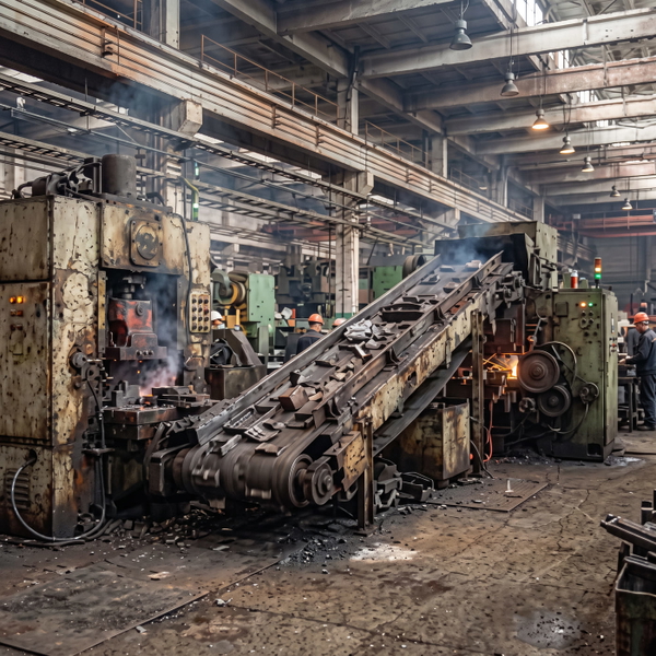 Interior of a factory floor with overhead gantries and machinery under skylights — upscaled by Nano Banana 2