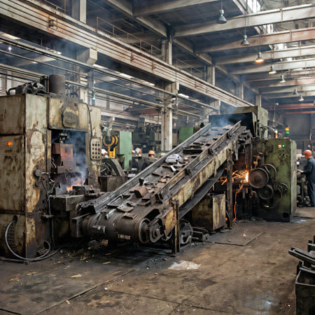Interior of a factory floor with overhead gantries and machinery under skylights — upscaled by GoStudio Pro
