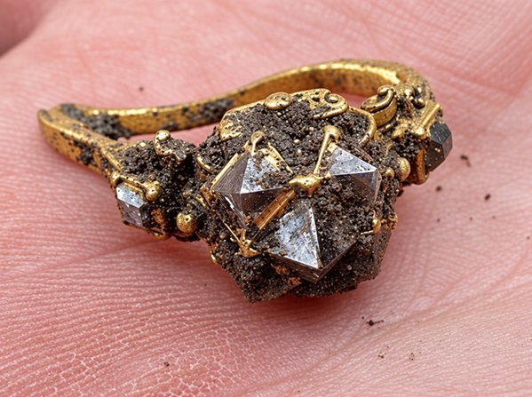 Rough uncut diamond set in a gold ring, held on a fingertip — upscaled by GPT Image 2.5