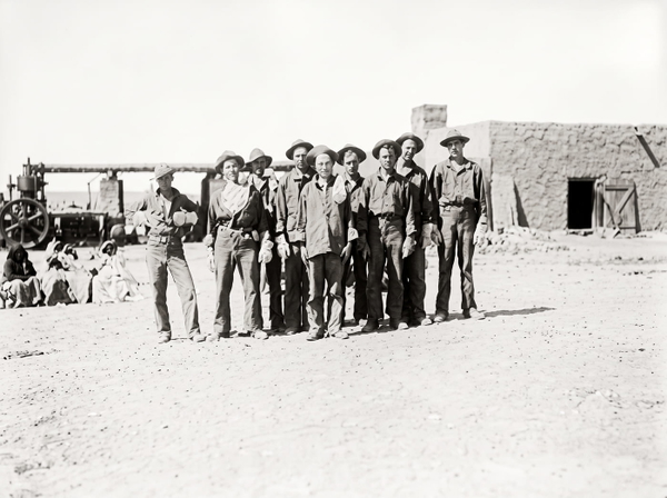 Archive print of a row of men standing outside a building, mounted on card — upscaled by GoStudio Advanced