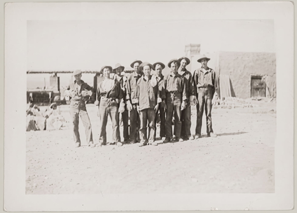 Archive print of a row of men standing outside a building, mounted on card — upscaled by Nano Banana 2