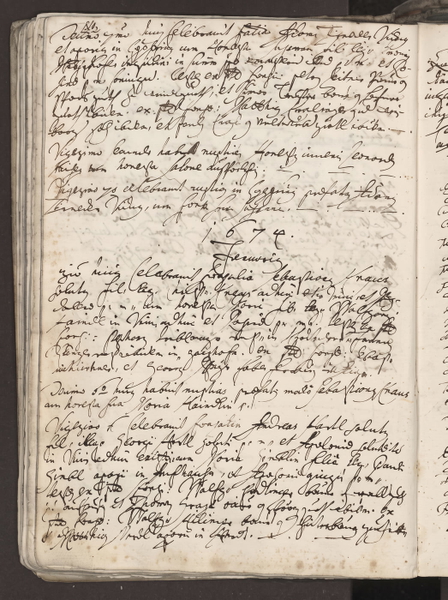 Page of a handwritten seventeenth-century manuscript dated 1674, in brown iron-gall ink on laid paper — upscaled by GoStudio Advanced
