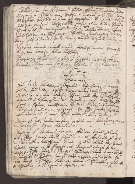 Page of a handwritten seventeenth-century manuscript dated 1674, in brown iron-gall ink on laid paper — upscaled by Nano Banana 2