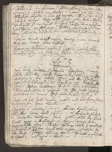 Page of a handwritten seventeenth-century manuscript dated 1674, in brown iron-gall ink on laid paper — upscaled by GoStudio Pro