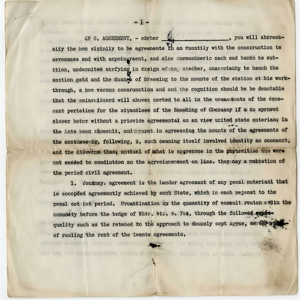 Typewritten legal agreement on aged paper, with faded ribbon strike and handwritten annotations — upscaled by GoStudio Lite