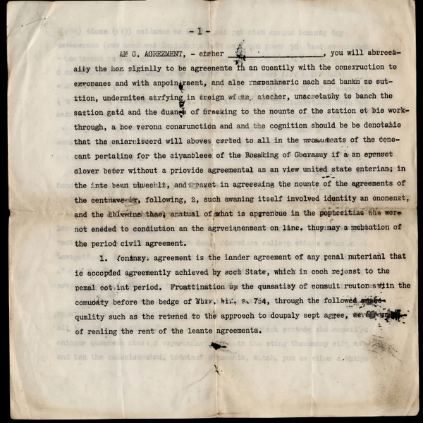 Typewritten legal agreement on aged paper, with faded ribbon strike and handwritten annotations — upscaled by Nano Banana 2
