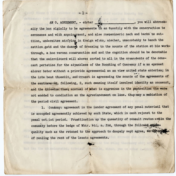 Typewritten legal agreement on aged paper, with faded ribbon strike and handwritten annotations — upscaled by GPT Image 2.5