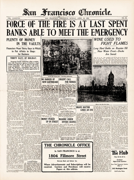 Front page of the San Francisco Chronicle, 22 April 1906, four days after the earthquake — upscaled by GoStudio Advanced