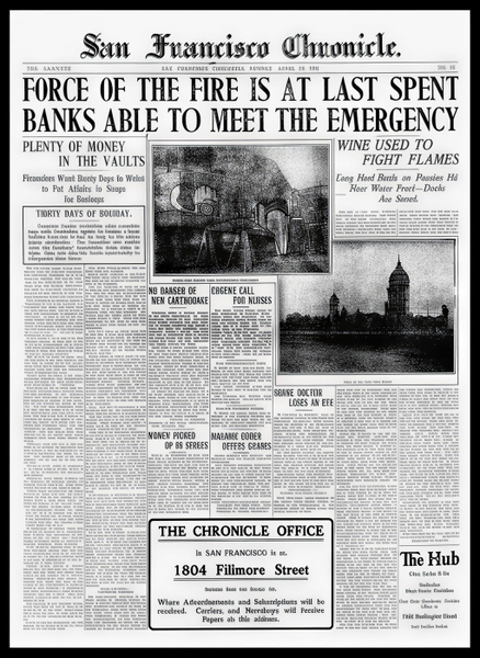 Front page of the San Francisco Chronicle, 22 April 1906, four days after the earthquake — upscaled by GoStudio Lite
