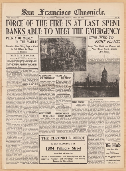 Front page of the San Francisco Chronicle, 22 April 1906, four days after the earthquake — upscaled by Nano Banana 2