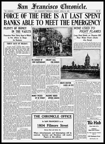 Front page of the San Francisco Chronicle, 22 April 1906, four days after the earthquake — upscaled by GPT Image 2.5