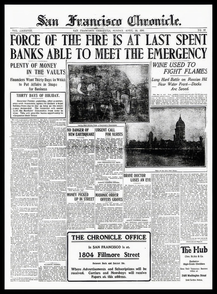 Front page of the San Francisco Chronicle, 22 April 1906, four days after the earthquake — upscaled by GoStudio Pro
