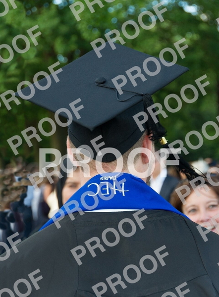 Graduate seen from behind in a mortarboard and blue stole, crowd beyond