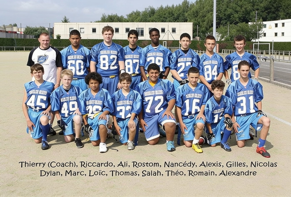 Youth American-football team photo with club badges and a printed list of names — watermark removed by GoStudio Advanced