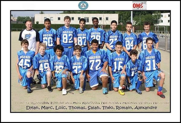 Youth American-football team photo with club badges and a printed list of names — watermark removed by GoStudio Lite
