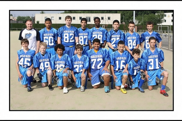 Youth American-football team photo with club badges and a printed list of names — watermark removed by GoStudio Pro