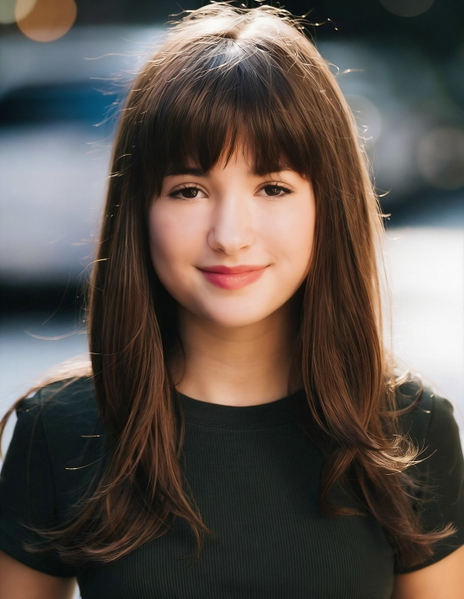 Young woman with long brown hair and a fringe, smiling, in a black top — watermark removed by GoStudio Advanced