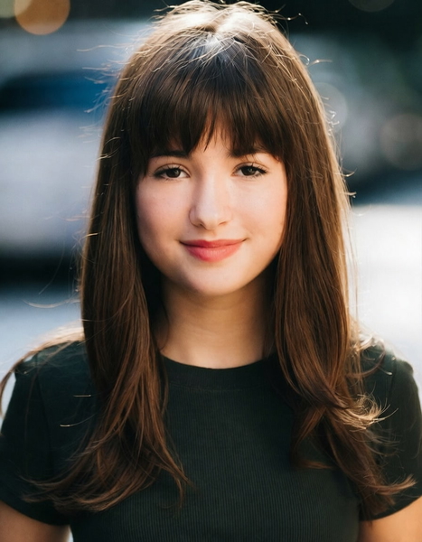 Young woman with long brown hair and a fringe, smiling, in a black top — watermark removed by GoStudio Pro