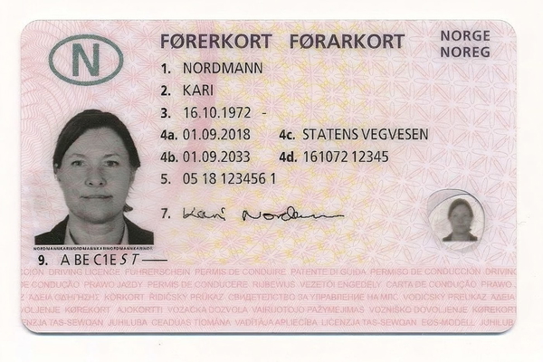 Norway’s published specimen driving licence, issued to the placeholder name Kari Nordmann — watermark removed by GoStudio Advanced