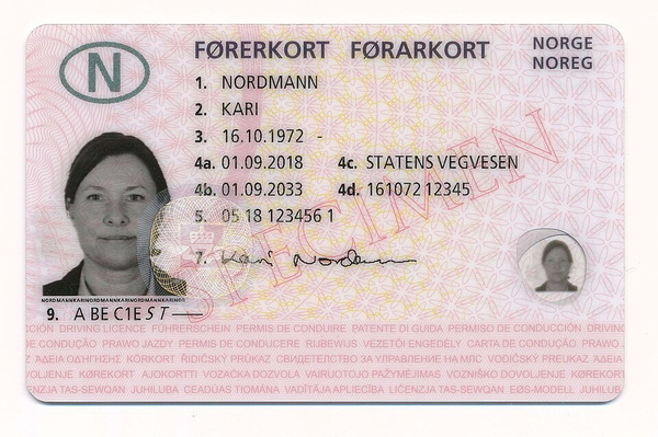 Norway’s published specimen driving licence, issued to the placeholder name Kari Nordmann