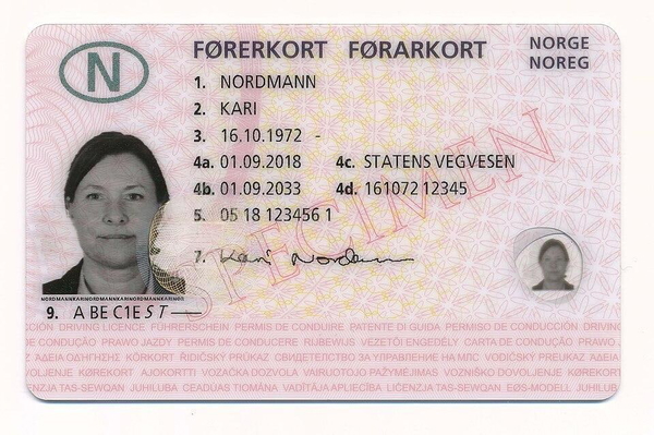 Norway’s published specimen driving licence, issued to the placeholder name Kari Nordmann — watermark removed by GoStudio Lite