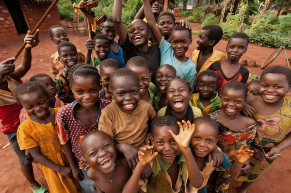 Crowd of laughing children waving at the camera — watermark removed by GoStudio Advanced