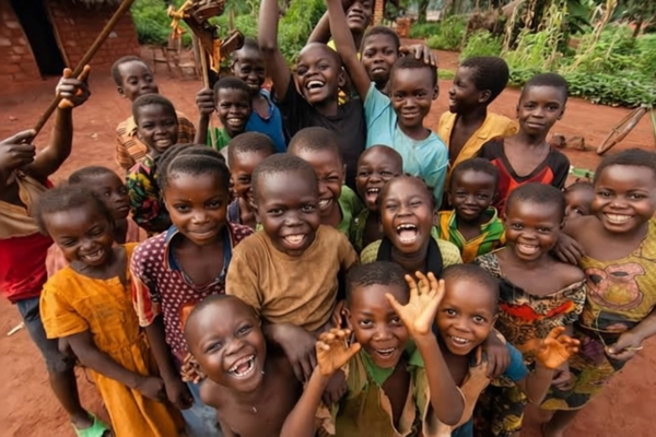 Crowd of laughing children waving at the camera — watermark removed by GoStudio Pro