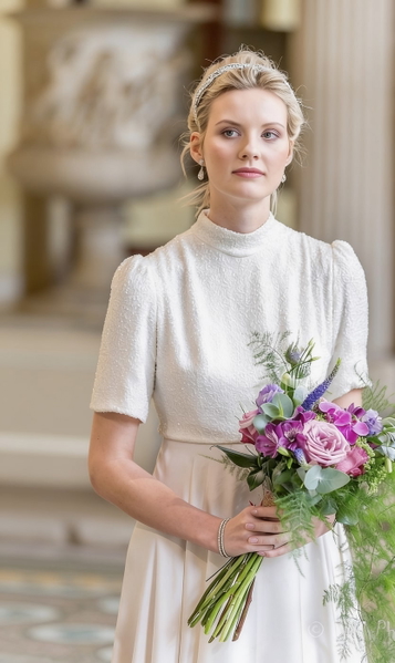 Bride in a white high-necked dress holding a bouquet of roses and lavender — watermark removed by GoStudio Advanced