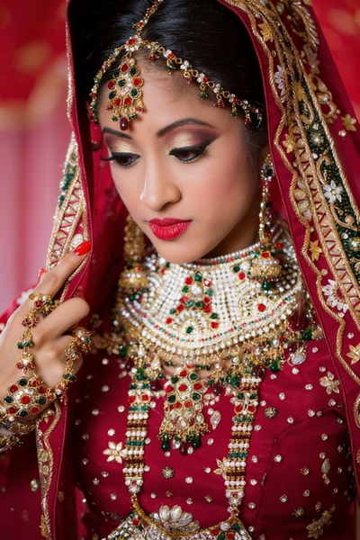 Bride in a red and gold dupatta with heavy gold jewellery — watermark removed by GoStudio Advanced