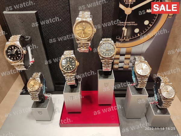 Display of wristwatches on stands in a shop window