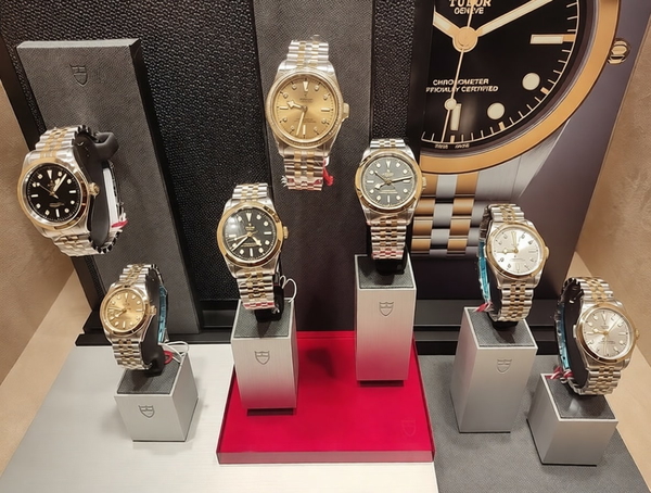 Display of wristwatches on stands in a shop window — watermark removed by GoStudio Pro