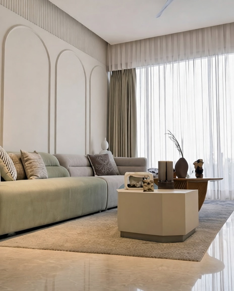 Living room with arched wall panels, a pale green sofa and sheer curtains — watermark removed by GoStudio Pro