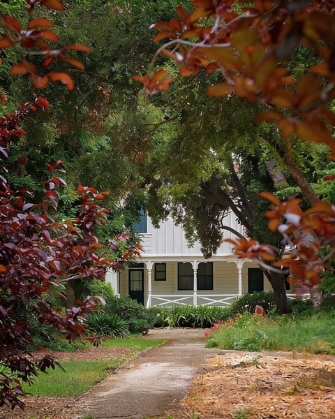 House glimpsed through green and red foliage at the end of a path — watermark removed by GoStudio Advanced