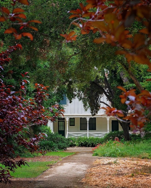 House glimpsed through green and red foliage at the end of a path — watermark removed by GoStudio Lite
