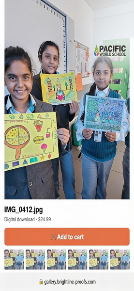 Phone screenshot of a photo gallery showing three schoolchildren holding drawings — watermark removed by GoStudio Advanced