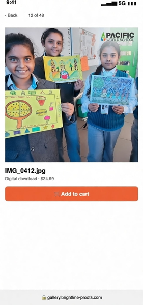 Phone screenshot of a photo gallery showing three schoolchildren holding drawings — watermark removed by GoStudio Pro