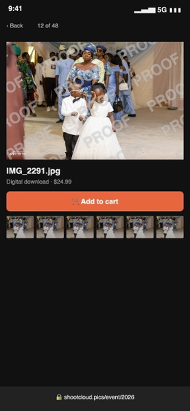 Phone screenshot of a gallery showing a child in a white suit at a wedding procession
