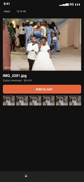 Phone screenshot of a gallery showing a child in a white suit at a wedding procession — watermark removed by GoStudio Lite