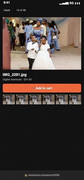 Phone screenshot of a gallery showing a child in a white suit at a wedding procession — watermark removed by GoStudio Pro