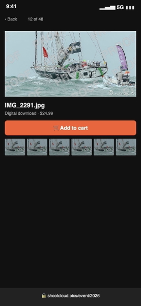 Phone screenshot of a gallery showing a sailing yacht in rough water
