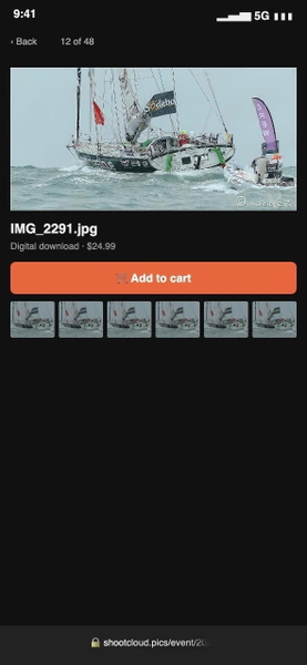 Phone screenshot of a gallery showing a sailing yacht in rough water — watermark removed by GoStudio Lite