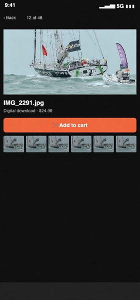Phone screenshot of a gallery showing a sailing yacht in rough water — watermark removed by GoStudio Pro