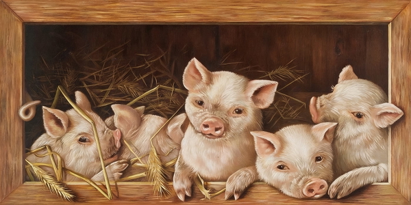 Painting of five piglets looking out of a wooden crate of straw — watermark removed by GoStudio Advanced