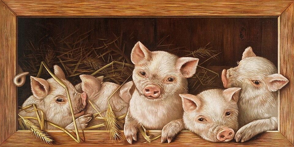 Painting of five piglets looking out of a wooden crate of straw — watermark removed by GoStudio Lite